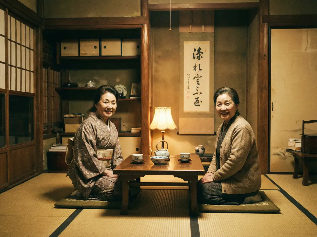 两位优雅的 AOA体育app 在日式茶室中品茶交谈